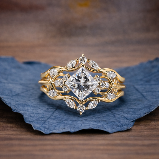 Gold ring with a diamond on a blue leaf