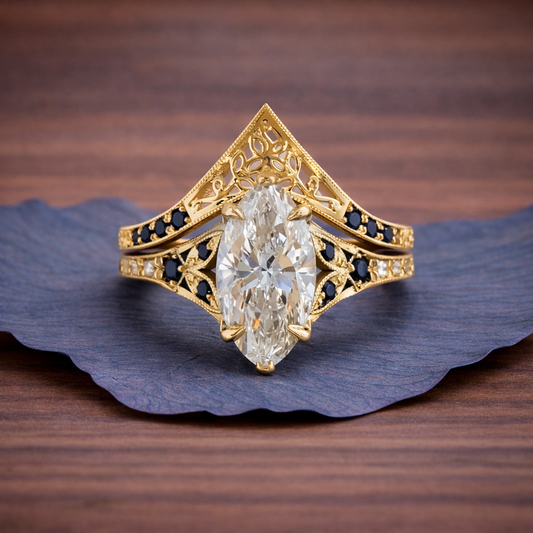 Gold ring with a large diamond on a wooden surface