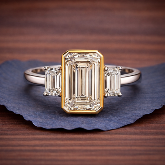 Diamond ring with emerald-cut gemstones on a wooden surface