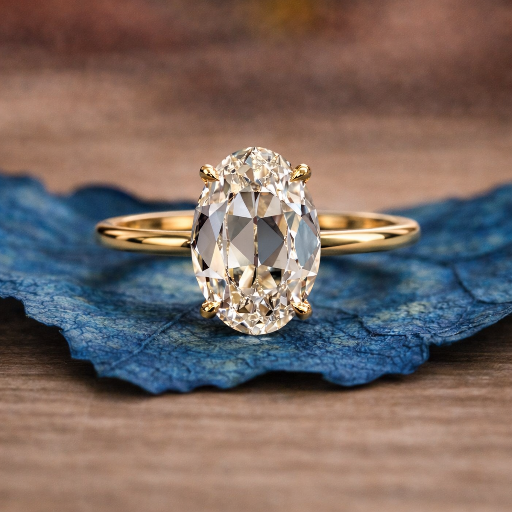 Gold ring with a large diamond on a blue stone surface