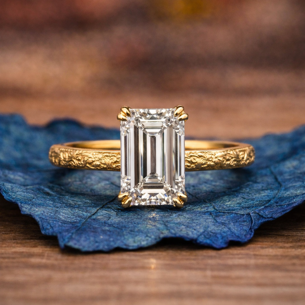 Gold ring with a large diamond on a blue leaf