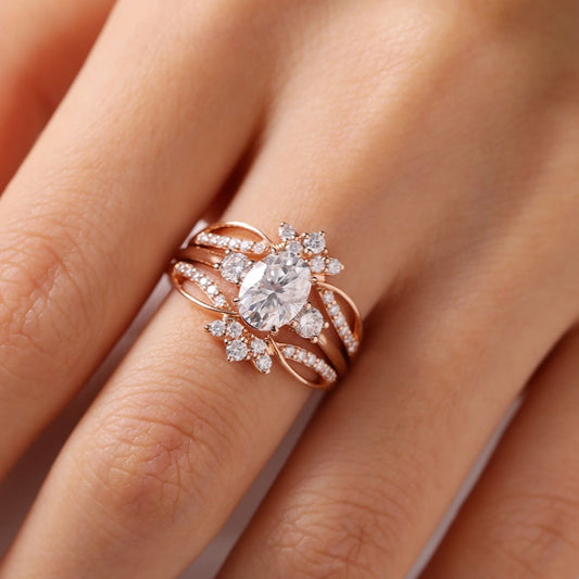 Oval Moissanite Engagement Ring Set Bridal Gold Wedding Ring Set