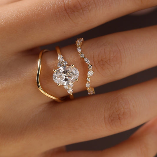 Oval Lab Grown Engagement Ring Set Gold Bridal Wedding Ring Set
