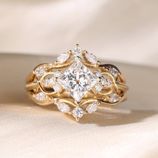 Art Deco Princess Moissanite Vintage Engagement Ring Set Bridal Wedding Nature Inspired Anniversary Sets