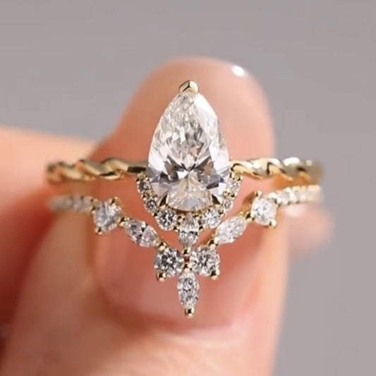 ArtDeco Pear Lab Grown Engagement Ring Set Vintage Wedding  Bridal Anniversary Set
