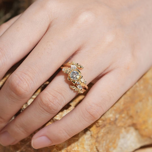 Nature Inspired Round Lab Grown Vintage Engagement Ring Set Art Deco Gold Bridal Wedding Ring Sets