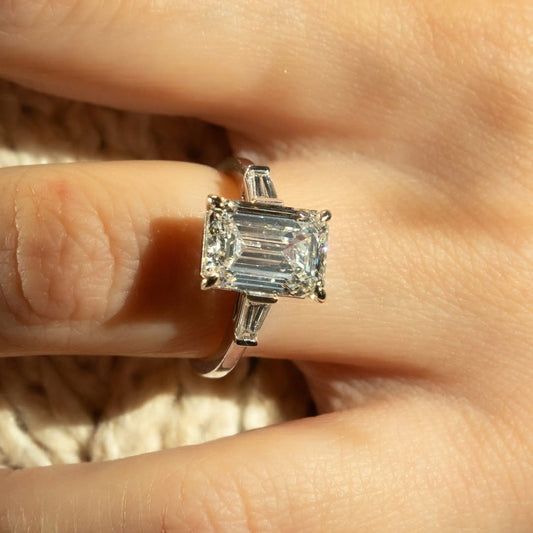Emerald Three Stone Lab Grown Engagement Ring Past Present Future Wedding Ring