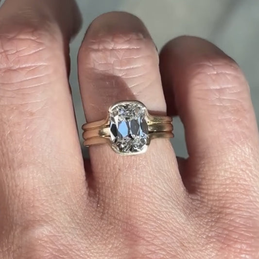 Half Bezel Set Old Mine Elongated Cushion Lab Grown Engagement Ring Antique  Gold Unique Wedding Anniversary Ring
