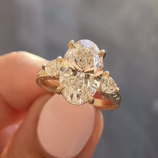 Vintage Three Stone Oval Lab Grown Engagement Ring Art Deco Gold Wedding Ring