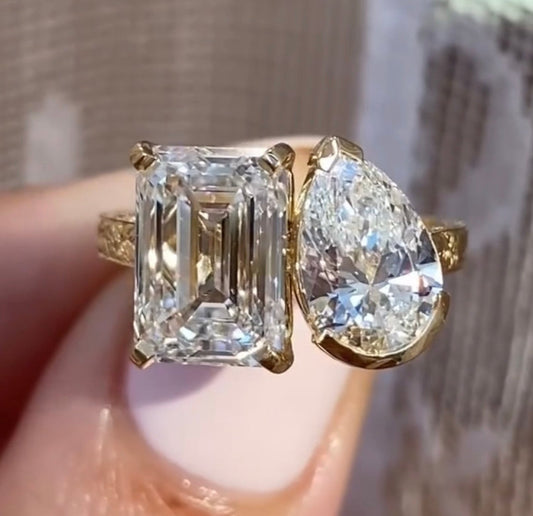 4.50 TCW Vintage Toi Et Moi  Emerald And Pear Lab Grown Art Deco Engagement Ring Gold you And Me Ring