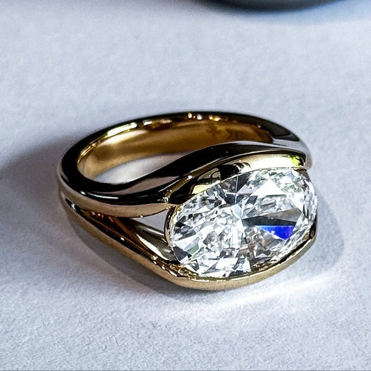 Half Bezel Oval Lab Grown Engagement Ring East West Gold Split Shank Wedding Ring