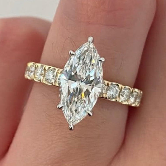 Marquise Moissanite Diamond Engagement Ring Yellow Gold Band With Side Diamonds Vintage Milgrain Setting