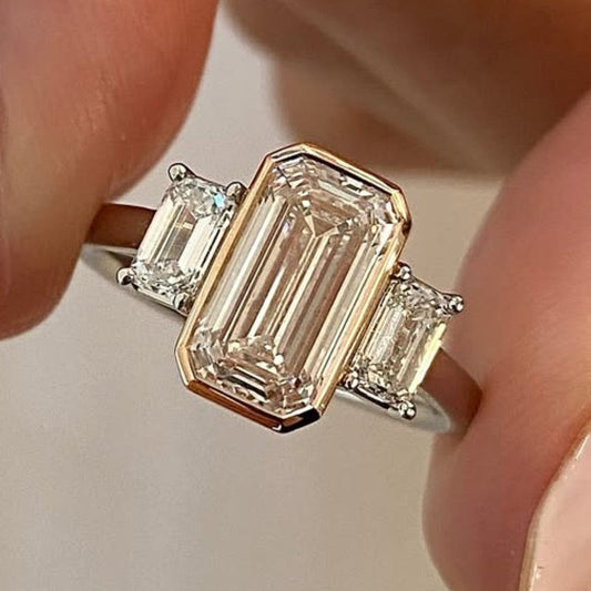 Emerald Cut Moissanite Diamond Three Stone Engagement Ring Bezel Setting Handmade Luxury Ring