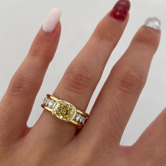 East West Yellow Cushion Moissanite Engagement Ring Half Bezel Solid Gold Wedding Ring