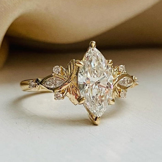 Cluster Marquise Lab Grown Engagement Ring Art Deco Gold Vintage Wedding Ring