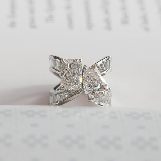 6.48 TCW Toi Et Moi Moissanite Diamond Engagement Ring Radiant Pear Cut Baguette Band White Gold Wedding Ring