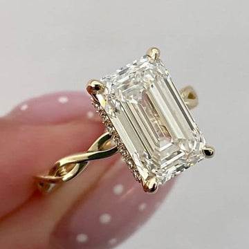 Twisted Band  Emerald Moissanite Hidden Halo Engagement Ring Gold Wedding Anniversary Ring