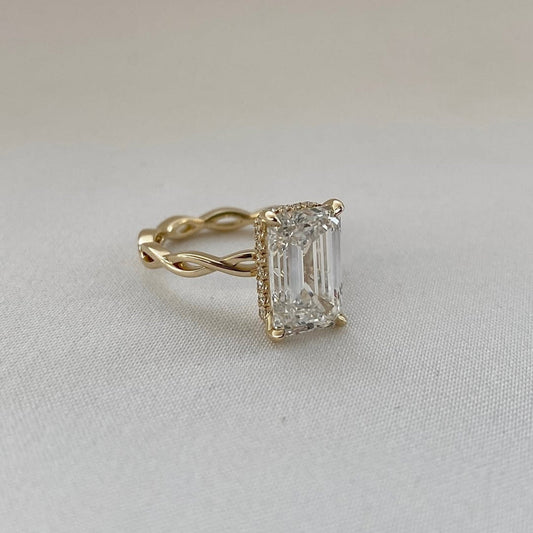 Twisted Band  Emerald Lab Grown Hidden Halo Engagement Ring Gold Wedding Anniversary Ring