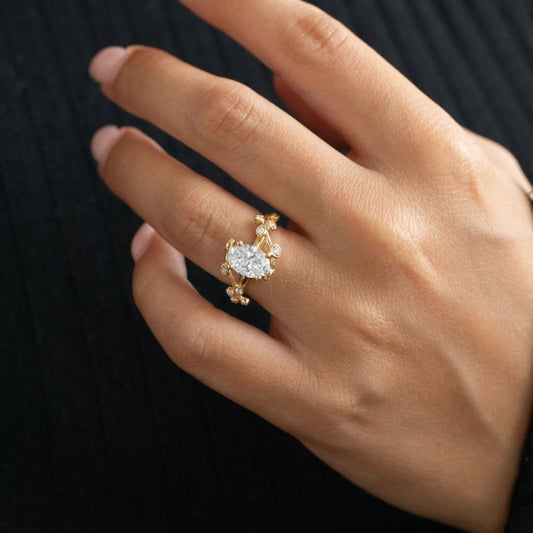 Leap Floral Oval Moissanite Engagement Ring Art Deco Gold Vintage Wedding Ring