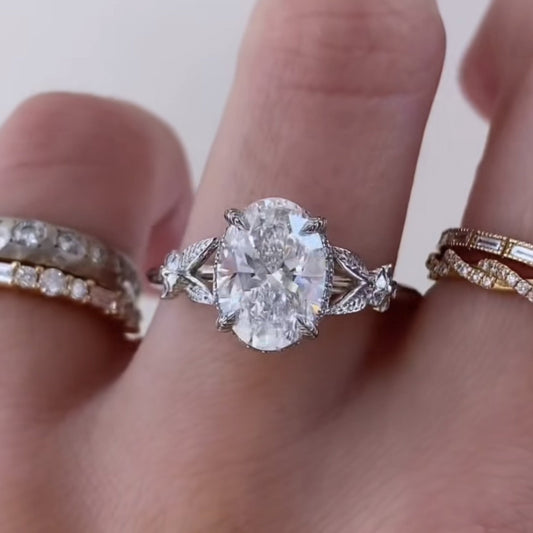 Oval Moissanite Diamond Engagement Ring with Floral Leaf Art Deco Setting in White Gold