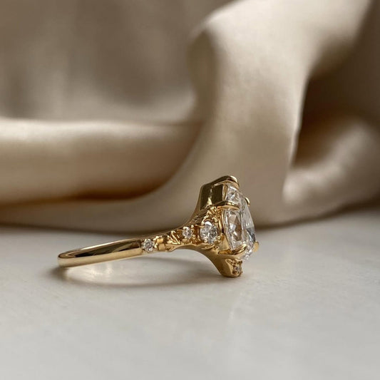 Vintage Pear Lab Grown Art Deco Engagement Ring Cluster Gold Wedding Nature Inspired Ring