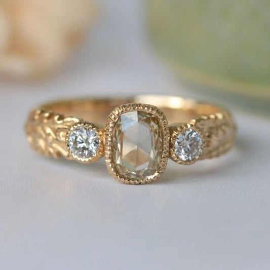 Vintage Milgrain Bezel Light Brown Cushion Rose Cut Lab Grown Engagement Ring Three Stone Art Deco Gold Nature Inspired Ring