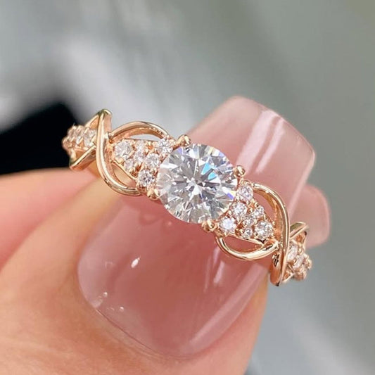 Round Cut Diamond Vintage Inspired Engagement Ring with Twisted Gold Band and Side Accents | Elegant Lab Grown Diamond Ring