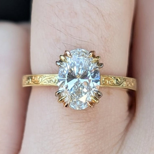 Oval Moissanite Engagement Ring Gold Engraved Band Vintage Claw Prong Solitaire Ring