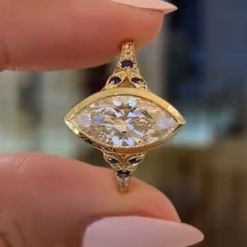 Art Deco Bezel Set Marquise Lab Grown Engagement Ring Vintage Gold Wedding Ring