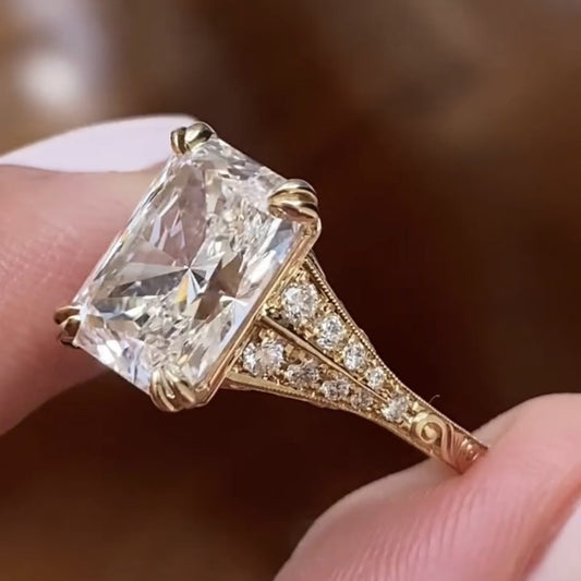 Radiant Cut Moissanite Diamond Engagement Ring with Split Shank Art Deco Setting in Yellow Gold
