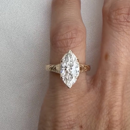 Marquise Lab Grown Diamond Engagement Ring Vintage Engraved Yellow Gold