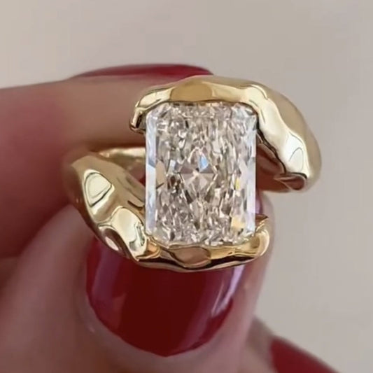 Organic Half bezel Radiant Moissanite Unique Engagement Ring Bypass Solid Gold Wedding Ring