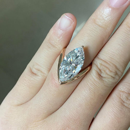 Marquise Cut Lab Grown Engagement Ring Curve Band Gold Wedding Ring