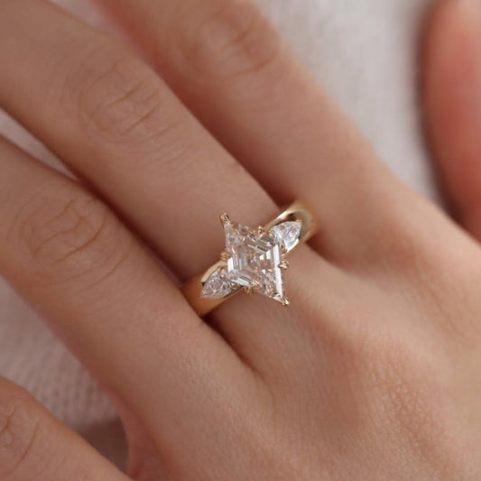 Lozenge Cut Lab Grown Engagement Three Stone Ring Tulip Set Gold Wedding Ring