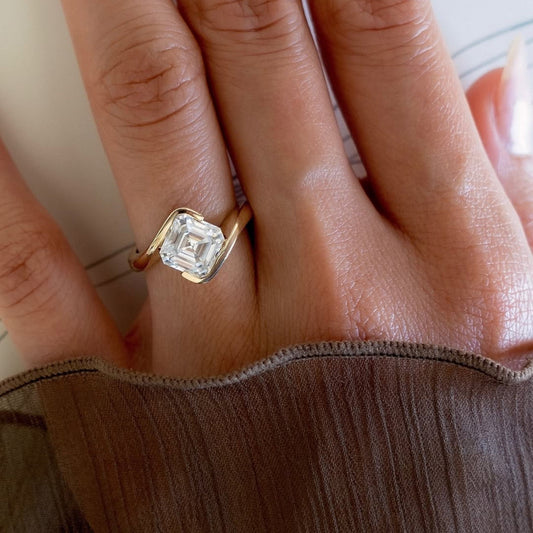 Asscher Cut Moissanite Engagement Ring Half Bezel East West Wedding Ring