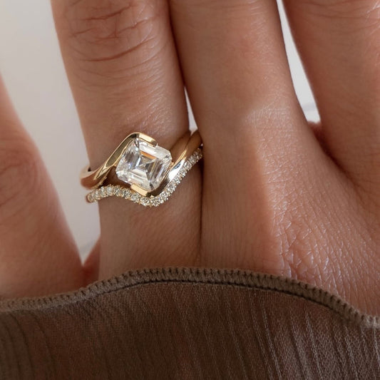 Asscher Moissanite Engagement Ring Set East West Half Bezel Wedding Bridal Set