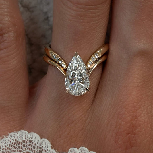 Pear Cut Lab Grown Engagement Ring Set Curve Band Gold Bridal Set