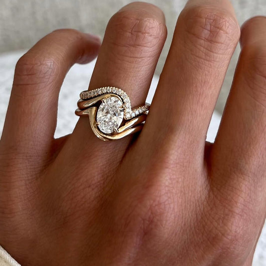 Oval Cut Lab Grown Engagement Ring Set Trio Band Wedding Bridal Set
