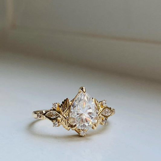 Pear Cut Moissanite Engagement Ring Art Deco Gold Wedding Ring