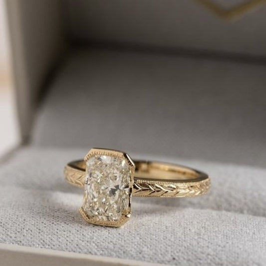 Radiant Half Bezel Set Moissanite Engagement Ring Vintage Inspired Gold Wedding Ring