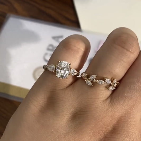 Oval Cut Floral Lab Grown Engagement Ring Set Twisted Band Gold Wedding Bridal Set