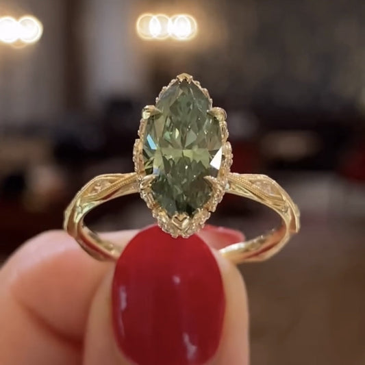 Green Marquise Lab Grown Engagement Ring Vintage Tulip Set Wedding Ring