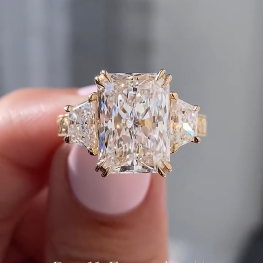 Radiant Lab Grown Engagement Ring Three Stone Vintage Inspired Gold Wedding Ring