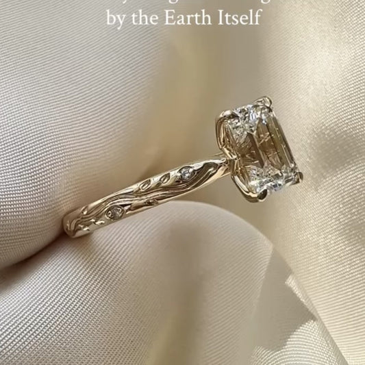 Emerald Cut Moissanite Engagement Ring Gold Solitaire Engraved Ring