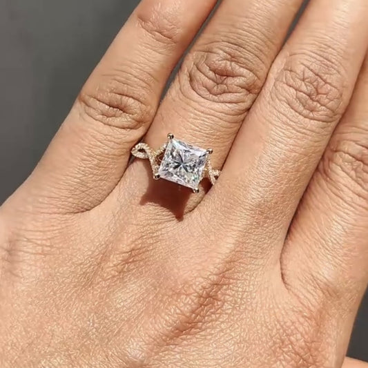 Princess Cut Moissanite Engagement Ring Twisted Band Gold Wedding Ring