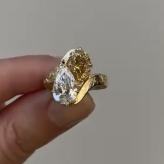 3.50 TCW Pear And Brown Oval Toi Et Moi Lab Grown Engagement Ring Engraved Band Gold Ring