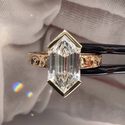 Hexagon Cut Half Bezel Set Moissanite Engagement Ring Gold Engraved Band Wedding Ring