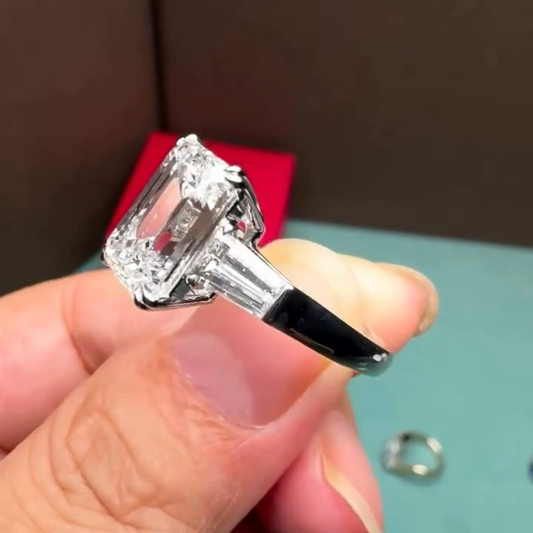 Emerald Cut Lab Grown Engagement Ring Three Stone Gold Wedding Ring