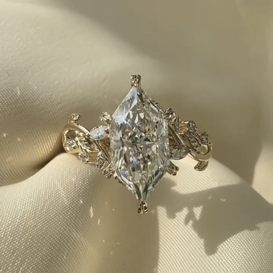 Dutch Marquise Lab Grown Engagement Ring Floral Set Vintage Inspired Wedding Ring