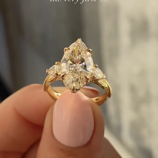 Marquise Lab Three Stone Lab Grown Engagement Ring Vintage Inspired Wedding Ring